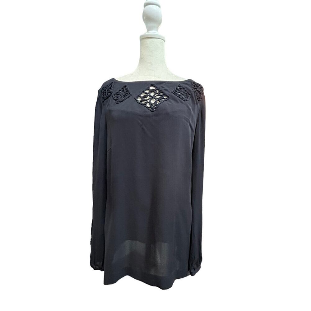Tory Burch 100% Silk Size 12 Cut Out Blouse Navy Long Sleeve Embellished Classic